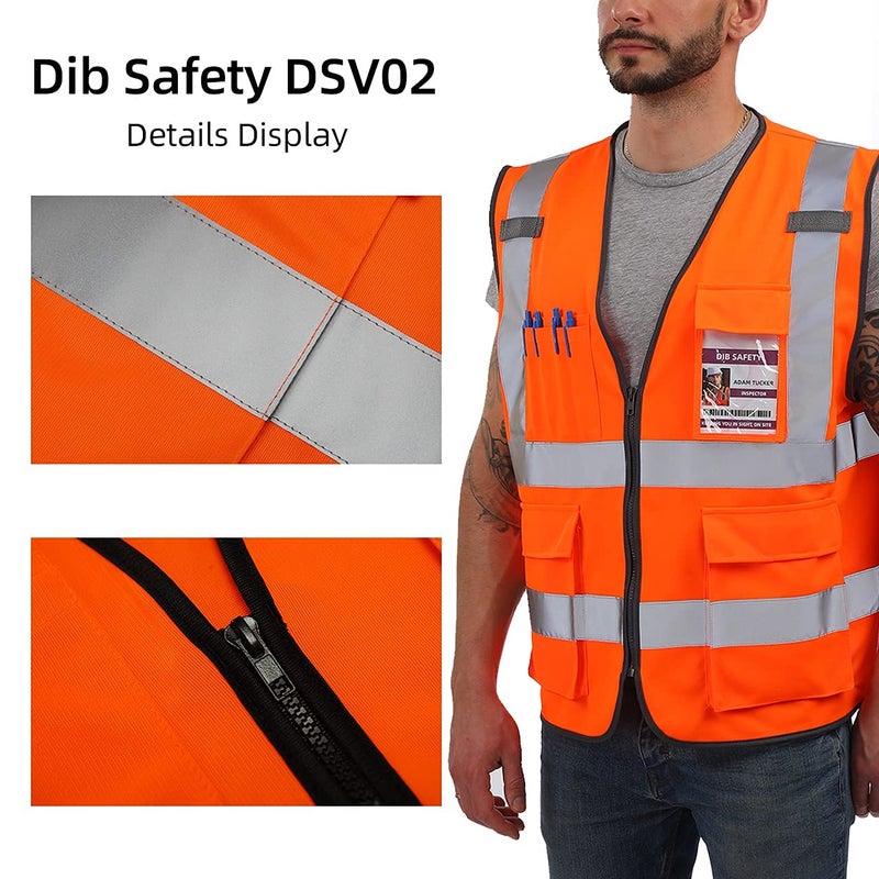 Dib Safety Reflective Vest ANSI Class 2, High Visibility Vest with Pockets and Zipper, Hi Vis Orange L - Image 4